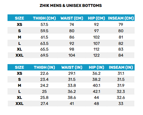 2025 Zhik Mens & Unisex Bottoms 0 Guida alle taglie